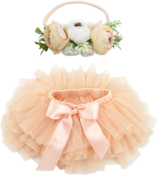 Baby Girls Soft Fluffy Tutu Skirt with Diaper Cover,Toddler Girl Tutu Skirt Sets with Flower Headband.